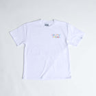 White Cereal Tee by Call Your Friends, made from 100% organic cotton, showcasing a colorful logo print. Sustainable, soft, and durable t-shirt.