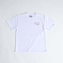White Cereal Tee by Call Your Friends, made from 100% organic cotton, showcasing a colorful logo print. Sustainable, soft, and durable t-shirt.